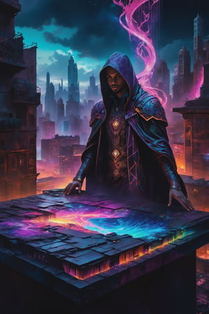 A mesmerizing, dark fantasy painting by CAIO JORDAO, featuring a cyber-mage conjuring arcane energy atop a crumbling rooftop ledge. The mage’s body, a fusion of flesh and circuitry, channels streams of neon light that weave intricate patterns in the air. Below, a sprawling metropolis exists in fragmented realities, with futuristic skyscrapers phasing in and out of existence. Vibrant colors and graffiti elements merge to create a cinematic scene, exploring the mystical intersection of magic and technology. The artwork's vibrant hues and layered textures evoke a sense of wonder and dread., graffiti, cinematic, dark fantasy, vibrant, painting, graffiti