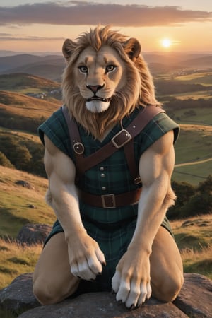  Photo, anthro lion male, wearing Scottish clothing,on a hill Is watching the sunrise offer a beautiful, Scottish landscape , fangs, paws