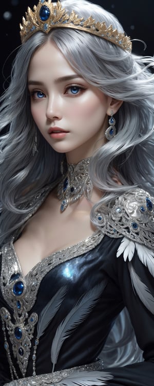 (((masterpiece))),best quality, illustration,(beautiful detailed girl), a girl ,solo,bare shoulders,flat_chst,diamond and glaring eyes,beautiful detailed cold face,very long blue and sliver hair,floaing black feathers,wavy hair,black and white sleeves,gold and sliver fringes,a (blackhole) behind the girl,a silver triple crown inlaid with obsidian,(sit) on the black ((throne)), (depth) of (field)