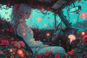 Create a dreamlike, high-detail photograph of a Nordic girl with white hair, sitting in a car filled with vibrant flowers and surrounded by floating jellyfish. The scene has a soft, lofi aesthetic with warm bokeh and depth of field, capturing the surreal beauty of her luminescent dadcore-style clothing. The car interior is overgrown with vines and blooms, while the jellyfish give a magical, underwater feel. Shot with high gamma and in analog film style, this image has a cool, relaxed atmosphere with intricate colors and textures, evoking a captivating, otherworldly ambiance, Inside view,FlowerStyle,r,hhc,interior,real_booster,aesthetic,Beautiful girl ,LuminescentCL,Jellyfish,Polaroidx