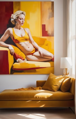 by Studiomente A captivating realistic painting featuring a woman reclining on a plush mustard yellow sofa. The woman is dressed red in an elegant, light-colored garment that accentuates her figure, with her blonde hair cascading down her shoulders and her eyes closed in a peaceful slumber. The serene expression on her face conveys a sense of tranquility, while her body's diagonal positioning across the sofa adds a touch of dynamism. The muted background of browns and beiges enhances the warmth and subdued tones of the painting, making it a stunning portrayal of relaxation and comfort. Created by the talented artist Studiomente Creativamente., foto