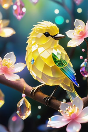 a cute yellow bird, bird made of crystals, iridescent feathers made of small glasses, detailed, best quality, standing on a small branch, spring flowers in bloom, sunlight, warm colors,firefliesfireflies,YAMATO,nodf_lora