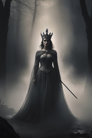 In a hauntingly darkened realm, a woman clad in regal finery donning a crown and wielding a spear stands partially veiled by shadows. Grayscale tones dominate the scene, with foggy mist swirling around her like an eerie aura. The air is heavy with mystery as the camera frames her against a fog-enshrouded backdrop. Cinematic volumetric lighting casts dramatic shadows, elevating the hyper-realistic image to new heights of detail and texture. 
