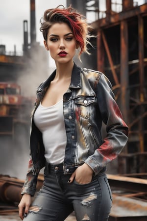 A fragile yet fierce young woman, mid-twenties, stands tall in a full-body pose against a gritty, industrial backdrop. Wet ink and watercolor hues of black, grey, and red swirl around her, while metallic gold accents highlight the curves of her slender physique. Her arms are crossed, with one hand grasping a worn denim jacket, as if ready to strike or defend herself. In the background, rusty machinery and broken cityscapes hint at the harsh realities of this diesel-punk world. Artgerm's gestural speed paint style captures the dynamic energy and vulnerability of this rebellious heroine.