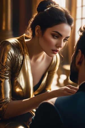 A hyper-realistic composition shot captures the tense moment as she finally meets him. Soft, golden lighting illuminates her anxious expression, highlighting the nervous tremble of her hands as they rest in her lap. Her eyes, bright with anticipation, lock onto his as she takes in his imposing figure. The demon's massive size and intimidating aura are palpable, but her gaze remains fixed on him, a mix of admiration and lust simmering beneath the surface. The air is thick with unspoken desire, contained for so long.