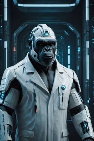 The cyberpunk-style gorilla in a white coat is a striking fusion of nature and technology. The gorilla's powerful physique is accentuated by sleek, metallic cybernetic enhancements embedded throughout its body. Its white coat, reminiscent of a lab technician's attire, contrasts with the cybernetic implants and glowing neon circuits that adorn its form. A visor with augmented reality displays covers its eyes, enhancing its vision and providing vital information in real-time. Despite its imposing presence, there's an air of intelligence and sophistication about the cybernetically enhanced gorilla as it navigates its futuristic environment with ease, perhaps serving as a symbol of the advancements of science and technology in a cyberpunk world.,Cyberpunk Doctor