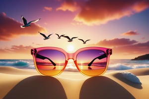 Natural nature should design your work in the CMYK color profile. Then, before you upload, convert the finished work into the RGB color profile.A stunning 3D render illustration of sunglasses lying on the sand, reflecting a vast ocean. The sunglasses have intricate design elements, such as a unique frame and colorful lenses. The beach backdrop features a beautiful sunset, with the sun casting warm hues of orange and pink on the waves. Seagulls fly overhead, adding to the serene atmosphere of the scene. The overall composition showcases a blend of fashion and nature, creating a visually stunning image., fashion, illustration, 3d render