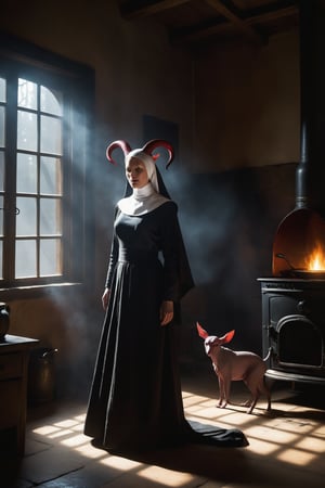 Dimly lit rustic room shrouded in mystery: A hairless red-skinned creature, horns curved like moonlit crescents, tail stretched taut, stands stunned left of frame. Chest clutched, mouth agape, as if struck by unseen force. Right, a nun's white and black habit flows like nightfall, concern and surprise etched on her face as she reaches out to the creature. Stove-pot steam rises, bottle glints in corner, scattered items litter floor, casting long shadows that seem to writhe like dark tendrils.