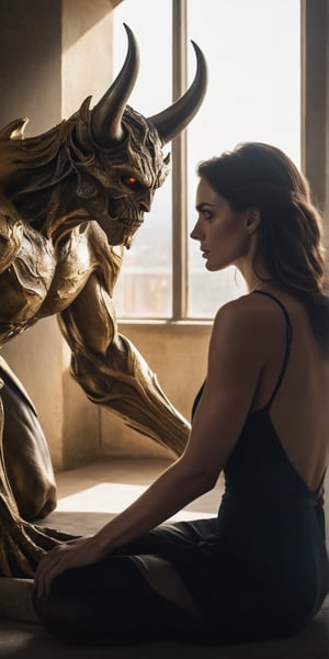 A hyper-realistic composition shot captures the tense moment as she finally meets him. Soft, golden lighting illuminates her anxious expression, highlighting the nervous tremble of her hands as they rest in her lap. Her eyes, bright with anticipation, lock onto his as she takes in his imposing figure. The demon's massive size and intimidating aura are palpable, but her gaze remains fixed on him, a mix of admiration and lust simmering beneath the surface. The air is thick with unspoken desire, contained for so long.