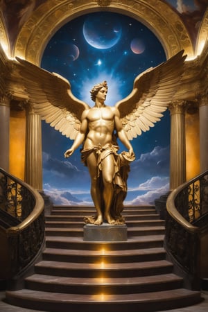 A majestic repetition of Ganymede's mythological story. A regal Ganymede stands atop a grandiose staircase, his divine features illuminated by soft, golden lighting. He gazes upward, hands clasped behind his back, as if beseeching the heavens for another libation of nectar. The opulent throne room backdrop is adorned with intricate frescoes, while the subtle shadows beneath Ganymede's eyes hint at a deeper longing.