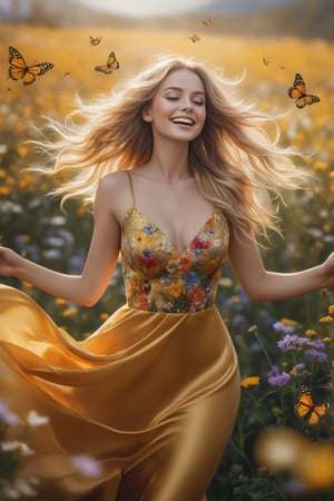 In a stunning digital illustration, a woman exudes the spirit of summer as she dances joyfully in a meadow teeming with wildflowers and sunlight. Clad in a golden dress that billows and catches the light, she moves gracefully amidst the vibrant blooms. Her blonde hair, tousled by the breeze, frames a radiant face, her eyes closed and lips curved in a carefree smile.

The scene is alive with the presence of butterflies and bees, drawn to the warmth and vitality of the moment. The ultra-high-definition artwork captures every intricate detail, from the delicate flower petals to the soft shadows cast by the dancing woman. The warm color palette creates a dreamlike ambiance, and the artist's signature, 'ai Jonas,' gracefully adorns the top right corner, encapsulating the timeless beauty of
