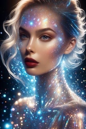 Captured in a close-up portrait, a woman exudes the elegance and sophistication of a holographic heiress, her features bathed in the soft glow of virtual glamour. Holographic projections dance around her face, casting a shimmering aura of opulence and luxury. There's a sense of timeless beauty in her expression, as if she's a living embodiment of grace and refinement in the digital age.