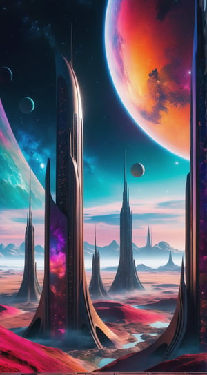A captivating 3D rendering of an alien world, set in a distant time and place within the vast cosmos. The cityscape is an architectural marvel, featuring towering, bioluminescent structures that emit a dazzling array of colors. The dominant species, with their unique fashion sense, stands proudly amidst this breathtaking landscape. The depth of field adds a dreamlike quality, while the strange colors create an alien atmosphere that captivates the viewer. This photo of an unknown civilization truly showcases the wonders and mysteries of the universe., 3d render, architecture, photo, fashion