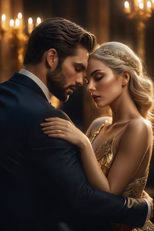 A hyper-realistic composition shot captures the tense moment as she finally meets him. Soft, golden lighting illuminates her anxious expression, highlighting the nervous tremble of her hands as they rest in her lap. Her eyes, bright with anticipation, lock onto his as she takes in his imposing figure. The demon's massive size and intimidating aura are palpable, but her gaze remains fixed on him, a mix of admiration and lust simmering beneath the surface. The air is thick with unspoken desire, contained for so long.