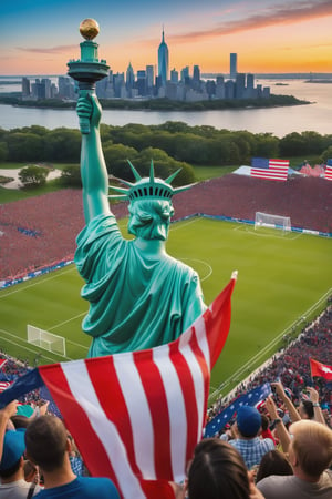 A captivating and surreal scene of people from diverse backgrounds united in excitement, gathering to watch a friendly soccer match. On the field, the legendary Christiano Ronaldo and former President Donald Trump, both wearing team jerseys, are intensely chasing the ball with passion. The atmosphere is electrifying, with the crowd passionately cheering, waving American and Portuguese flags, and showing their support. Iconic American landmarks, such as the Statue of Liberty and the White House, grace the distant skyline, adding a patriotic charm to the lively and vibrant scene.