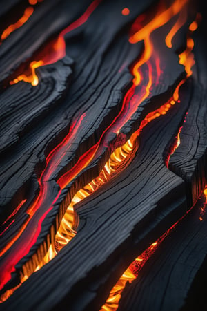 Close-up shot of charred black wood, intense lighting highlighting vivid red streaks resembling burning embers, casting a mesmerizing glow on the intricate grain patterns. The wooden surface features a detailed design, vibrant colors evoking a cinematic atmosphere, mysterious and intriguing, capturing attention with its unique appearance.