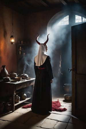 Dimly lit rustic room shrouded in mystery: A hairless red-skinned creature, horns curved like moonlit crescents, tail stretched taut, stands stunned left of frame. Chest clutched, mouth agape, as if struck by unseen force. Right, a nun's white and black habit flows like nightfall, concern and surprise etched on her face as she reaches out to the creature. Stove-pot steam rises, bottle glints in corner, scattered items litter floor, casting long shadows that seem to writhe like dark tendrils.