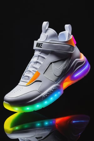 A futuristic sneaker, predominantly white in color, with vibrant ultra fluorescent neon-like lights emanating from its sole and side. Hans Darias AI. The shoe features a prominent Nike logo, a high ankle strap with a unique buckle design, and perforated details on the side. The background is dark, emphasizing the glowing elements of the shoe, which casts a spectrum of colors on the reflective surface below.