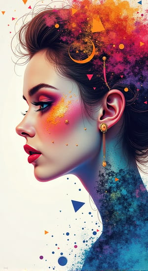 A stunning 3D watercolor artwork masterpiece featuring a side view of a stylish lady with a beautiful, realistic face. The vibrant colors of alcohol ink create a mesmerizing effect, with colorful dewdrops adorning her skin. The artwork is adorned with intricate lines, circles, and triangles, creating a dynamic and captivating composition. The rich, vivid colors and textures give a sense of depth and dimension, making this piece a true illustration masterpiece., vibrant