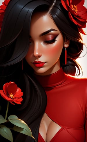 1girl, solo, black hair, closed eyes, flower, parted lips, lips, makeup, lipstick, red flower, portrait, facing viewer, red lips, red theme
