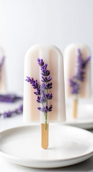 A photo of a transparent popsicle on a stick with lavender flowers frozen inside of it. The popsicle is placed on a white plate. The background is a white surface with a few more popsicles.