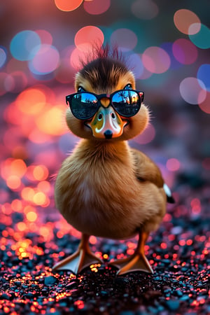 (A cool duck) stands proudly, wearing (reflective sunglasses) that catch the vibrant hues of a nearby shimmering surface. The (glittering particles) in the background create a radiant display of colors, ranging from (fiery reds and oranges) to (cool blues and purples), casting a mesmerizing glow. The duck’s playful expression and (confident pose) blend seamlessly with the surreal, luminous environment. [Soft, blurred lights] fill the air, enhancing the sense of magic and wonder in this (dreamlike scene), as if the duck is part of a colorful, enchanted realm where light and fun collide