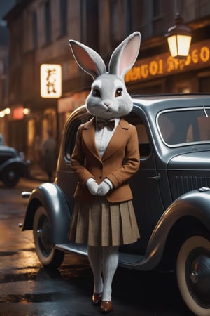A captivating dark fantasy scene inspired by 1930s anime, featuring an unlikely duo of a rabbit and a fox. The rabbit, clad in a brown skirt, tan sweater, and a patterned headscarf, holds a pistol with a serious expression. The fox, dressed in a white shirt, black-striped suit, brown tie, and a Borsalino hat, mirrors the rabbit's intense demeanor. Leaning against a 1934 gray Citroën, they exude an eerie yet mesmerizing aura. The text "BABYDOLL THANKS FOR YOUR SUPPORT" adds a touch of mystery to the scene. The 3D render and cinematic visuals transport viewers into this enigmatic world, immersing them in its captivating atmosphere., dark fantasy, typography, cinematic, photo, 3d render, anime