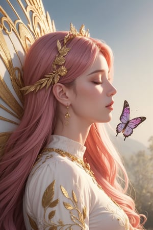 A close-up shot of the fairy-like figure's profile, bathed in a soft, golden glow emanating from the intricate wing structure. Her eyes are closed, revealing a serene expression as her hair seamlessly blends into the delicate feathers. The wings' tapestry of pastel to vibrant hues - purples, pinks, and golds - creates an ethereal effect. Texture-rich feather details evoke realism, while scattered light dots and butterfly motifs add a whimsical touch.