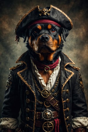 Anthropomorphic Rottweiler wearing a pirate outfit, portrait photography, postmodern --ar 3:4 --style raw