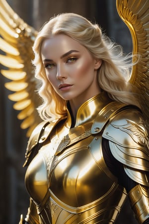 A majestic 8K UHD composition: a blonde warrior queen, encased in gleaming golden armor, stands tall, her straight yellow locks flowing like a river down her back. Eyes shut, she exudes contemplative intensity. Majestic Archangel wings, strong and proud, frame her powerful stance. Soft, warm lighting highlights the armor's intricate details, while subtle shading adds depth to her regal features. The camera captures her authoritative pose from a low angle, emphasizing her divine presence, as if waiting for the next command.