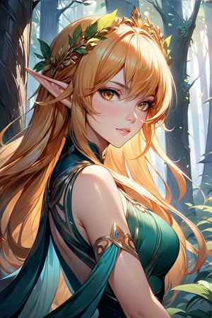 female elf, intricate, elegant, highly detailed, digital painting, artstation, concept art, smooth, sharp focus, illustration, art by artgerm and greg rutkowski and alphonse mucha, 8k,extremely detailed, depth of fields, forest themes ,golden wreath, 
 


