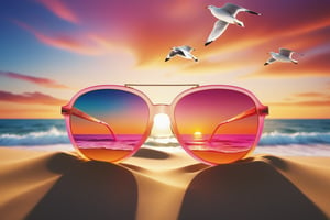 Natural nature should design your work in the CMYK color profile. Then, before you upload, convert the finished work into the RGB color profile.A stunning 3D render illustration of sunglasses lying on the sand, reflecting a vast ocean. The sunglasses have intricate design elements, such as a unique frame and colorful lenses. The beach backdrop features a beautiful sunset, with the sun casting warm hues of orange and pink on the waves. Seagulls fly overhead, adding to the serene atmosphere of the scene. The overall composition showcases a blend of fashion and nature, creating a visually stunning image., fashion, illustration, 3d render