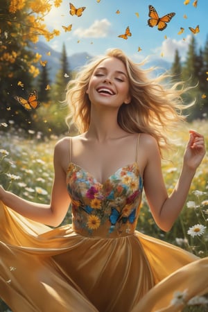 In a stunning digital illustration, a woman exudes the spirit of summer as she dances joyfully in a meadow teeming with wildflowers and sunlight. Clad in a golden dress that billows and catches the light, she moves gracefully amidst the vibrant blooms. Her blonde hair, tousled by the breeze, frames a radiant face, her eyes closed and lips curved in a carefree smile.

The scene is alive with the presence of butterflies and bees, drawn to the warmth and vitality of the moment. The ultra-high-definition artwork captures every intricate detail, from the delicate flower petals to the soft shadows cast by the dancing woman. The warm color palette creates a dreamlike ambiance, and the artist's signature, 'ai Jonas,' gracefully adorns the top right corner, encapsulating the timeless beauty of