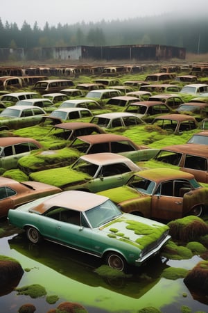 A captivating photograph of an eerie, abandoned parking lot teeming with life. Rusted cars, coated in a lush layer of green algae and moss, blend with their surroundings like living creatures. The sky overhead is tinged with a vibrant, hazy green light, casting an ethereal glow on the scene. This striking image captures the fleeting nature of human presence and the relentless power of nature as it reclaims its domain., photo, cinematic, vibrant