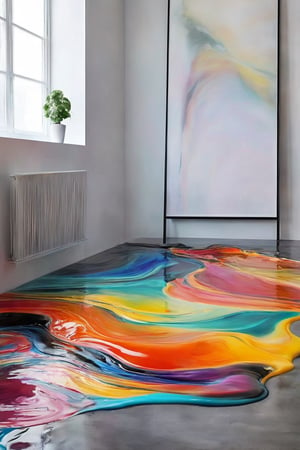 A captivating conceptual art piece featuring a minimalist gallery space. The main focus of the image is a monochrome fluid that flows from a painting on the wall, gradually transitioning into a vibrant, colorful stream as it reaches the floor. The fluid's journey through the gallery space is reminiscent of a river, symbolizing the flow of creativity and the birth of color from the black and white realm. The overall atmosphere of the image is serene and thought-provoking, inviting viewers to ponder the essence of art and the power of color., conceptual art, painting, 3d render, cinematic, vibrant, anime