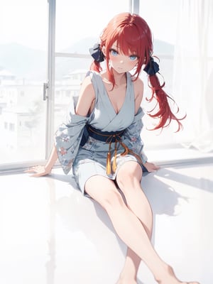 (masterpiece, best quality:1.4), detailed background, (1 girl, solo:1.3), perfect anatomy, (blurry_background, dynamic angle, wide view, cinematic lighting, depth of field, maximum detailed face), illustration, ((red hair), (spiral twintails hair), medium hair, Wispy Bangs With Shag, messy hair, light-blue eyes, (sparkling eyes)), small breast, white sundress, stringless, sleeveless, bare_shoulder, bare_foot, faded light, (vibrant colors), indoors, portrait, seductive eyes, siiting on floor, lean backward against windows, livigroom, opened window,Japanese scene