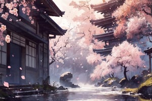 (masterpiece, best quality:1.4), detailed background, cheery blossoms, cherry blossom petals, wind blowing, many flowing cherry blossom petals, faded light, hollowed center, blight light, light theme, scenery , Japanese scene