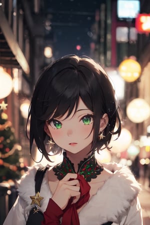 ((hyper super ultra detailed perfect piece)), illustration masterpiece, (((1girl))), ((black hair)), (straight hair), short hair, green eyes, ((sparkling)), ((super ultra detailed cloth layer clothing)), Christmas theme, cleavage, ((bokeh background)), night time, night sky, (city light), horizontal angle, looking away, full body