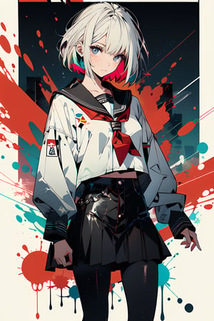 (masterpiece, best quality:1.4), detailed background, colorful world, (1 girl, solo:1.3), (blonde short hair),(serafuku:1.2),full body, tac000_style, colorful_hair, halftone_hair, facial_mark, neon_palette, shaped_highlights,1 girl,midjourney