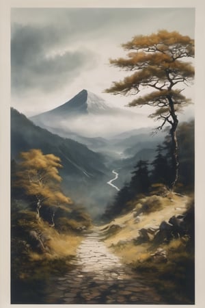 ink scenery, no humans, path towards a mountain mountain, tree, scenery, nature, outdoors,fog, muted colors  