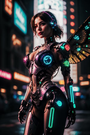 (masterpiece, best quality, 8k:1.2), (fantasy:1.3), 1girl,goddess women, intricate details, Low shutter, (wings,aura:1.2), most beautiful artwork in the world, aesthetics, atmosphere, (neon,cyborg:1.2),(cyberpunk background:1.2), (sparkly:1.2),perfecteyes,yofukashi background