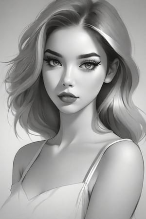 sketch by NTY, 1girl, solo, monochrome, greyscale, long hair, looking at viewer, simple background, upper body, eyelashes, parted lips, collarbone, grey background,