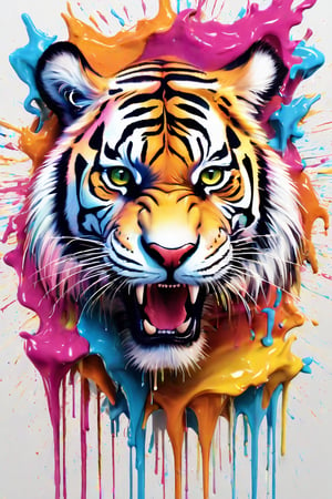 Realistic 3D illustration of a colorful graffiti illustration Colorful tiger's head liquid paint dropping, ,summer vivid colors,  high detail, t-shirt design, grafitti, vivid colors, very detailed image,dripping paint,Magical Fantasy style,abstact