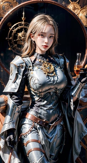 Female Paladin wearing Silver Chain Shirt Armor with Moonlit Edges , Copper Alchemist Robe with Transmutation Circles: Transmutation circles are intricately woven into the fabric, representing alchemical knowledge., (Tallow,Vessel color background:1.3),  