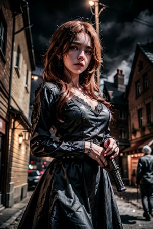 film noir style, outdoors, night, a couple, highly detailed man standing under lamp post , grey hair, firearm, woman in black dress, cute face, familiar, red hair, intricate stunning highly detailed girl, strong shadows,  dramatic makeup




 ,perfecteyes,b3rli,arshadArt,Germany Male,Detailedface,France Male