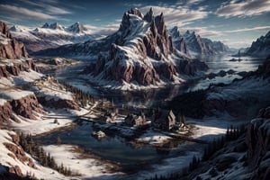 (Absurdres, Intricate Details, Masterpiece, Best Quality, High Resolution, 8k)Aerial view Viking Village, Daylight, Winter season, snow, trees, fjord, mountains  ( insane, stunning, dramatic, completed artwork, HQ:1.1), ,no_humans,fate/stay background,foreground
