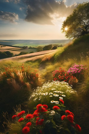 sunny medow, cliff, countryside, flowers, cinematic, realistic photo, photorealistic, epic realistic, cinematic light, bright light, professional photograph, dramatic, award winning, cinematic lighting, sharp focus