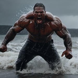 monster rises from stormy sea, close up, cinematic, man on shore, in fight, realistic photo, leather, fur, dust, blood, rain,more rain, water, thunder, flash, lightning,  outdoors, photorealistic, epic realistic, cinematic light, dramatic light, forest, far away snowy mountains, professional photograph, dramatic, award winning, cinematic lighting, sharp focus, octane render, unreal engine, volumetrics dtx, (film grain),Movie Still,painting by jakub rozalski