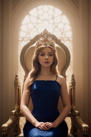 beautiful young queen sitting on throne, cinematic, soft light, dramatic