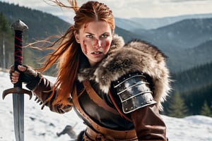 viking warrior woman , in battle, close up, cinematic, looking at camera, viking warriors, in fight, battle field (viking armor),  realistic photo, leather, fur, swords, axes, dust, blood, outdoors, epic realistic, dramatic light, forest, far away snowy mountains, professional photograph, dramatic, award winning, cinematic lighting, sharp focus, octane render, unreal engine, volumetrics dtx, (film grain),Movie Still,painting by jakub rozalski